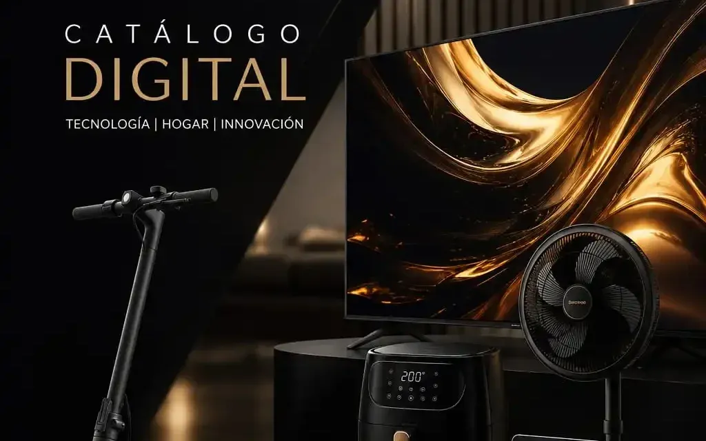 Pieza del catálogo digital de Gema: televisor, patineta eléctrica, freidora de aire y ventilador con el título «Catálogo digital: tecnología, hogar, innovación».