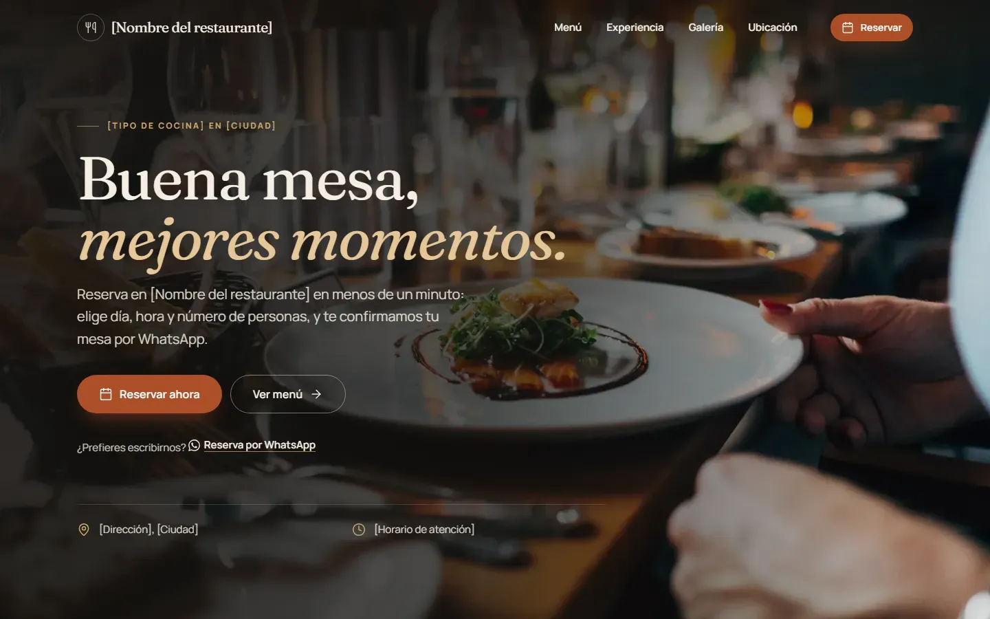 Landing de restaurante con el titular "Buena mesa, mejores momentos" y botones para reservar.
