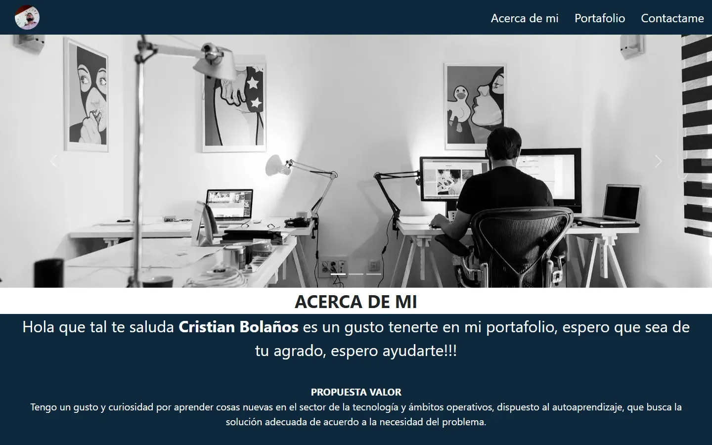 Primer portafolio web con la sección "Acerca de mí".