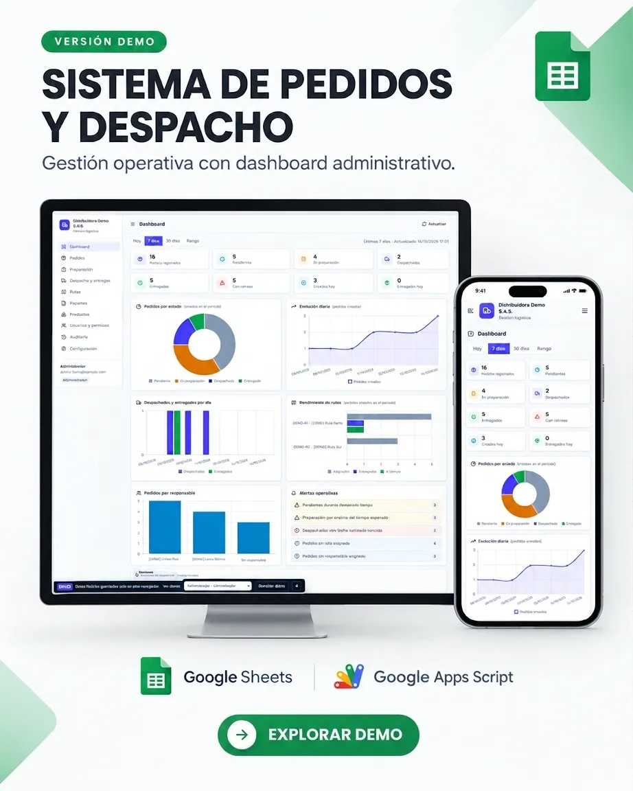 Vista del sistema de pedidos en computador y celular, construido con Google Sheets y Apps Script.