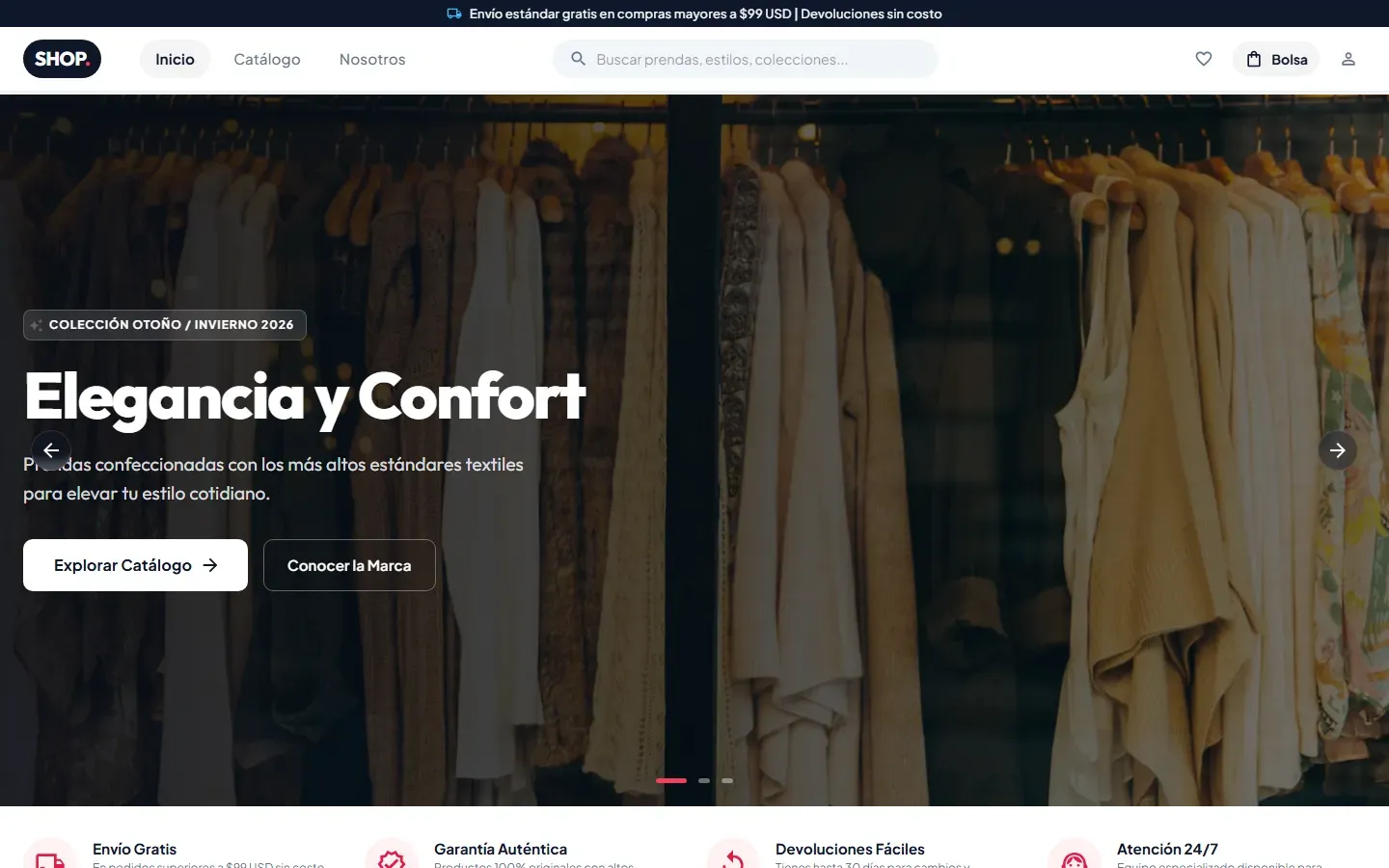 Página de inicio de la tienda virtual con banner de colección y botón para explorar el catálogo.
