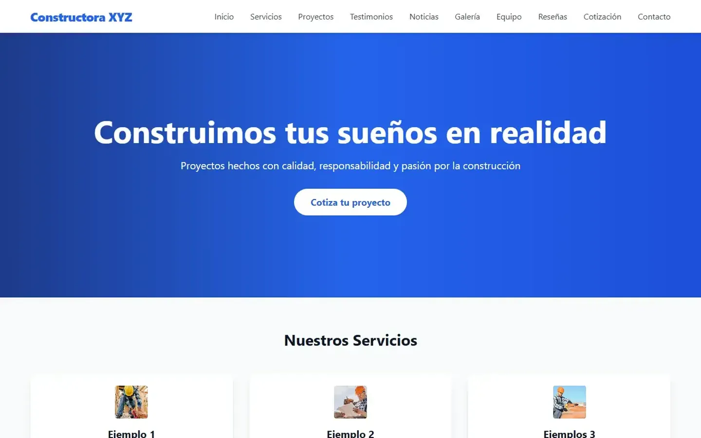 Página de inicio del sitio de Constructora XYZ con el titular "Construimos tus sueños en realidad".