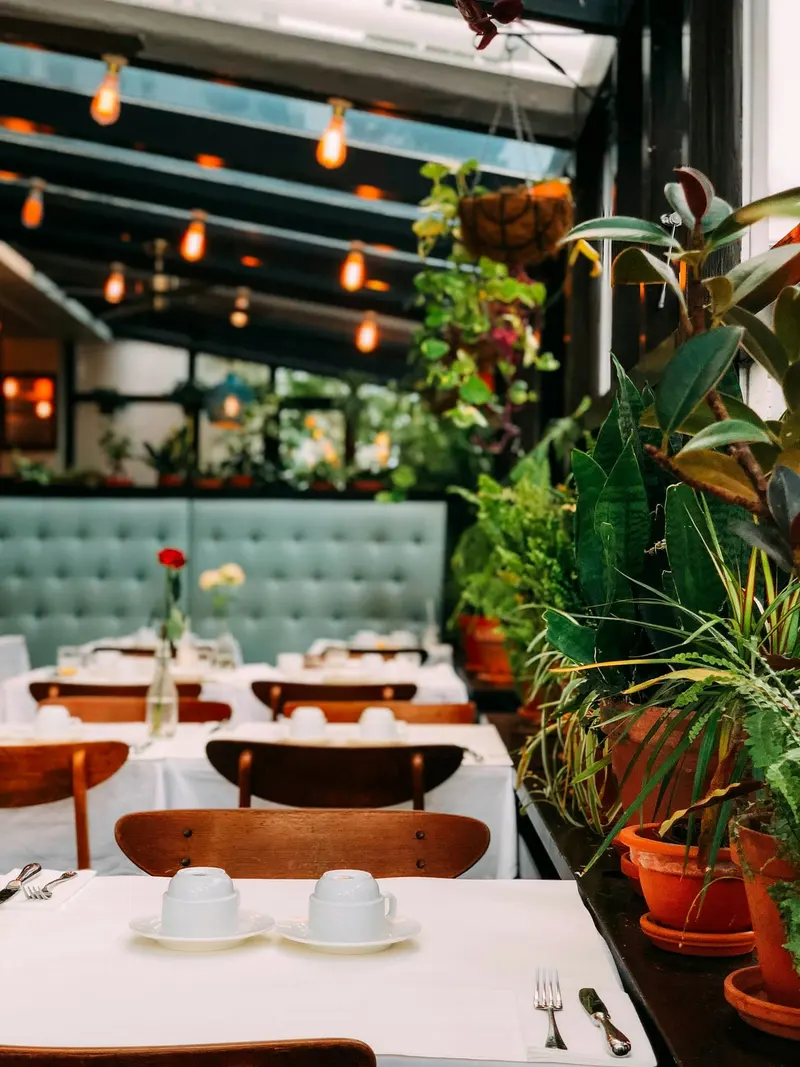 Salón con sofás tapizados, plantas y mesas con manteles blancos